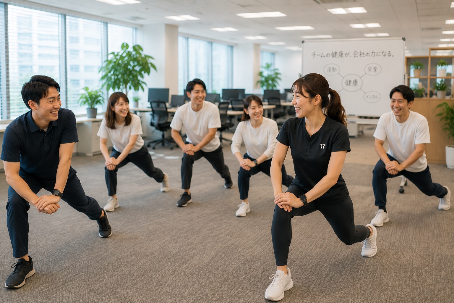 社員がチームで身体を動かしている様子