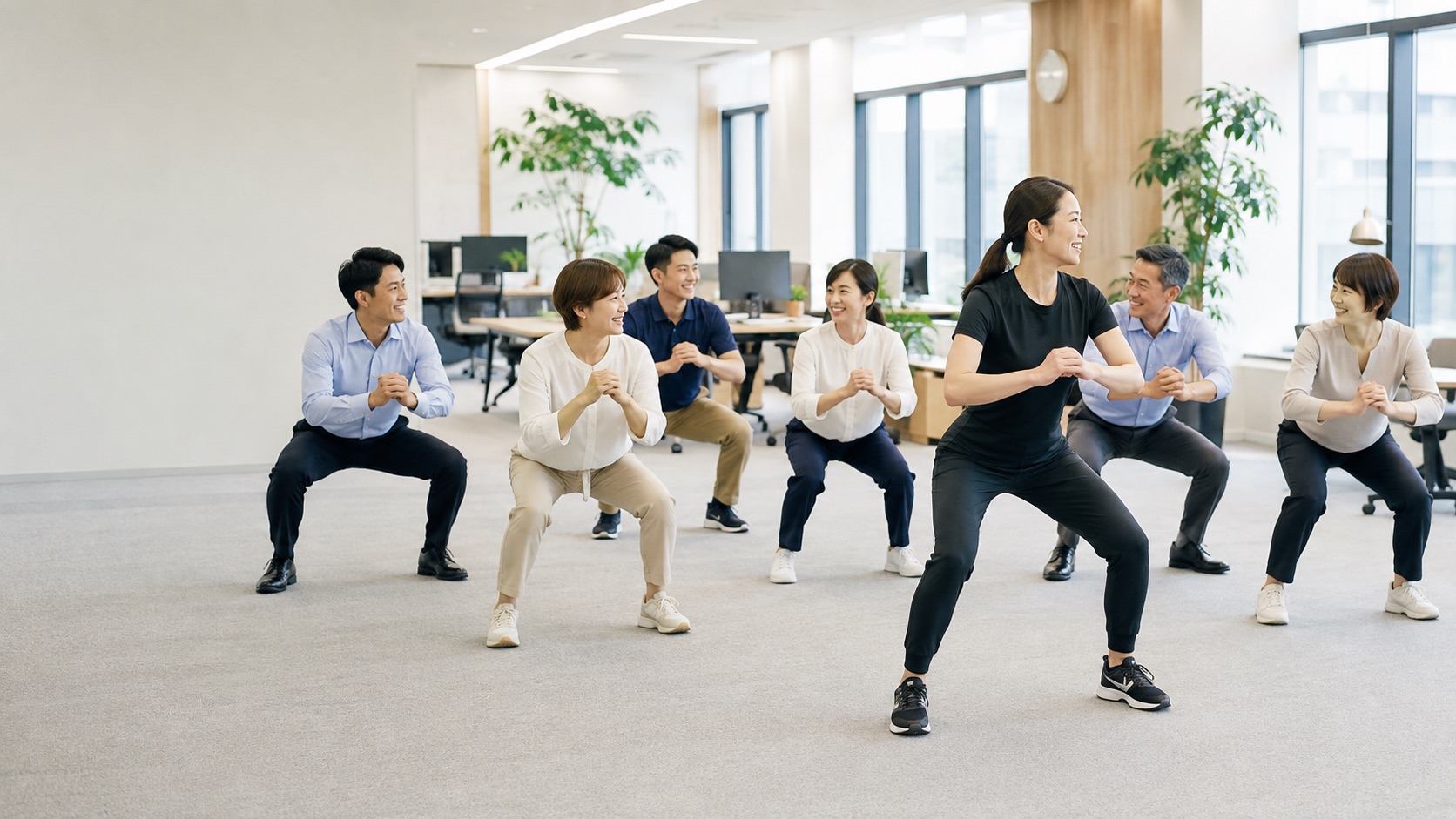 女性トレーナーの指導のもと、オフィスで社員たちが軽い運動をしている様子