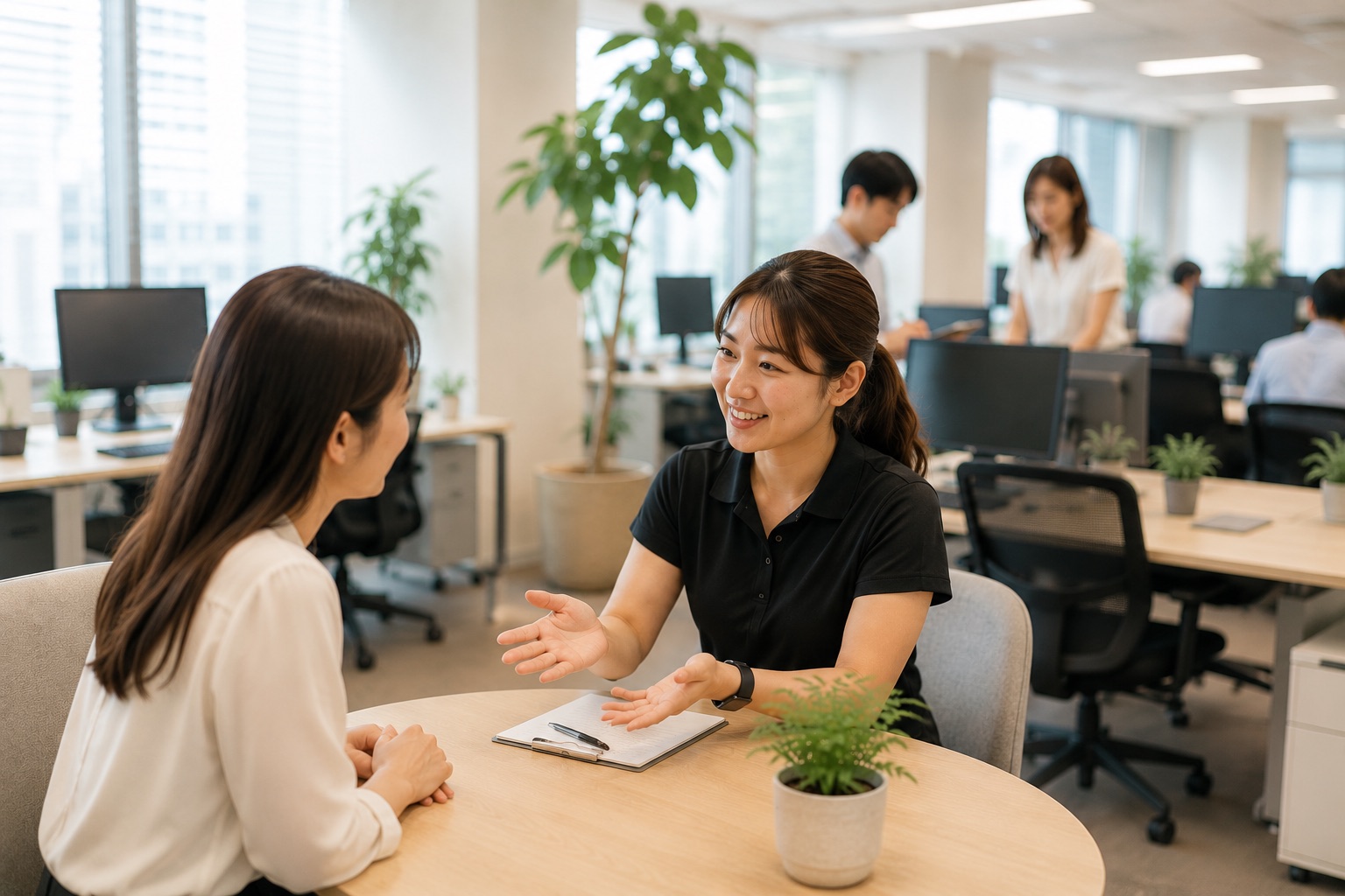 トレーナーと社員が自然に会話をしている様子